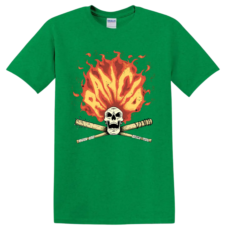 Rancid punk rock skull with crossed bats and distressed flames on a Antic Irish Green T Shirt