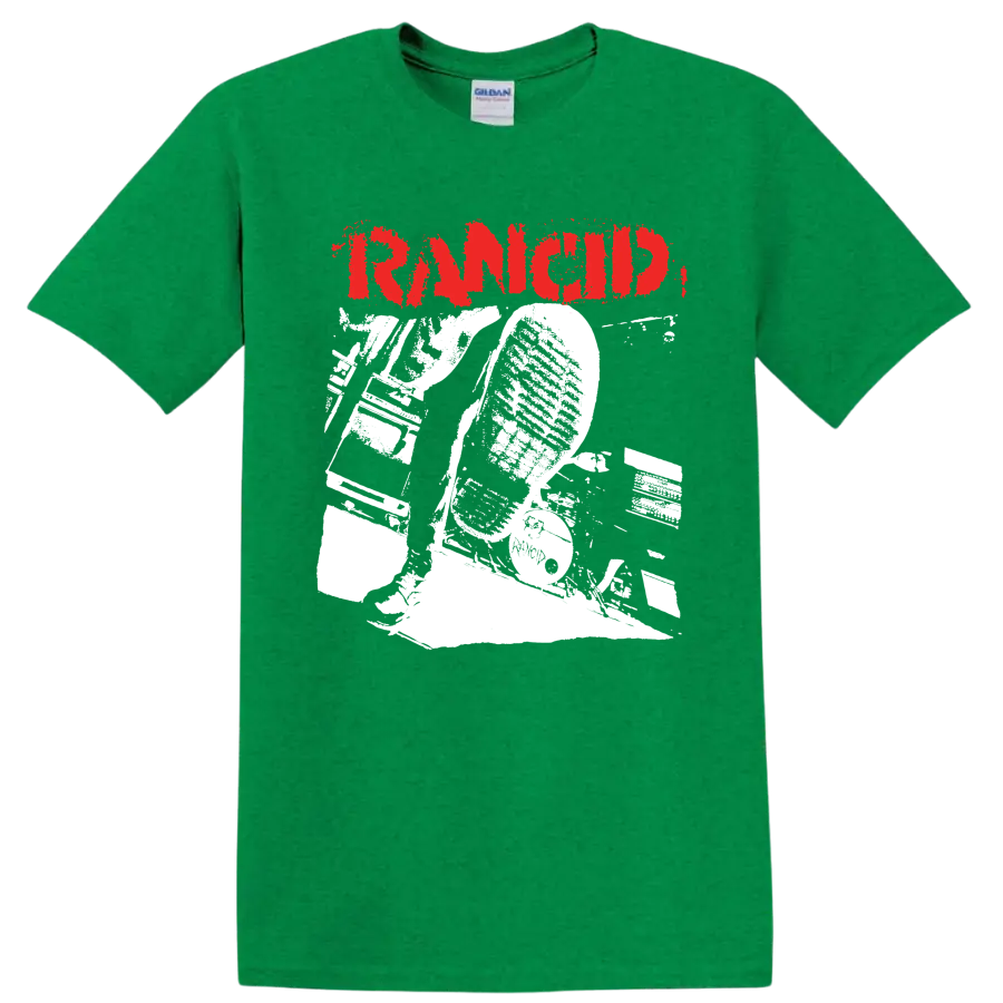 Rancid distressed red logo with bold monochrome punk rock artwork on a Antic Irish Green T Shirt