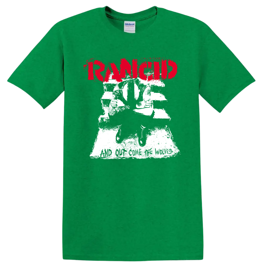 Rancid punk rock graphic with distressed red lettering and white illustration on a Antic Irish Green T Shirt