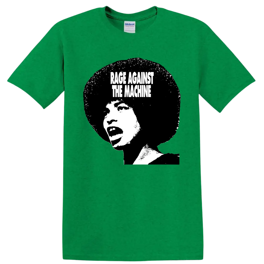 Rage Against the Machine distressed black and white portrait graphic on a Antic Irish Green T Shirt