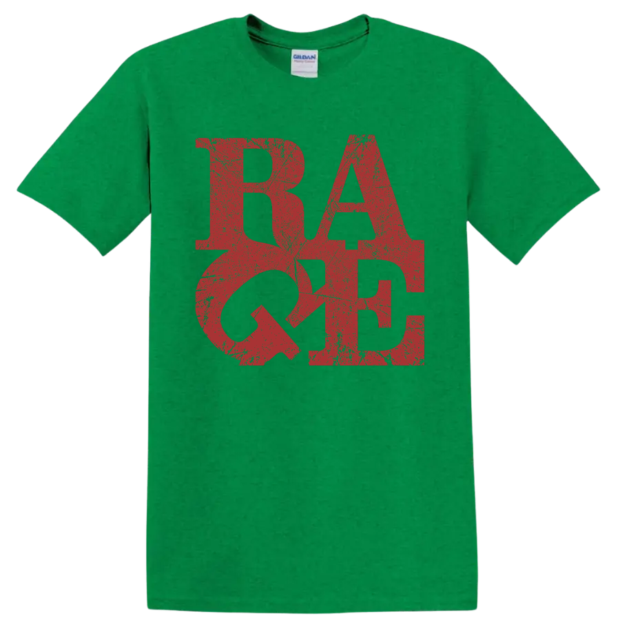 Distressed red RATM logo graphic print on a Antic Irish Green T Shirt