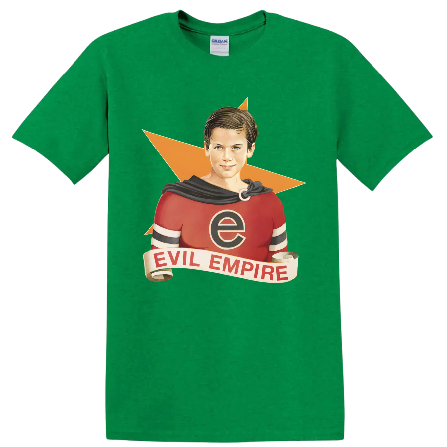 Rage Against the Machine Evil Empire vintage comic-style superhero graphic on a Antic Irish Green T Shirt