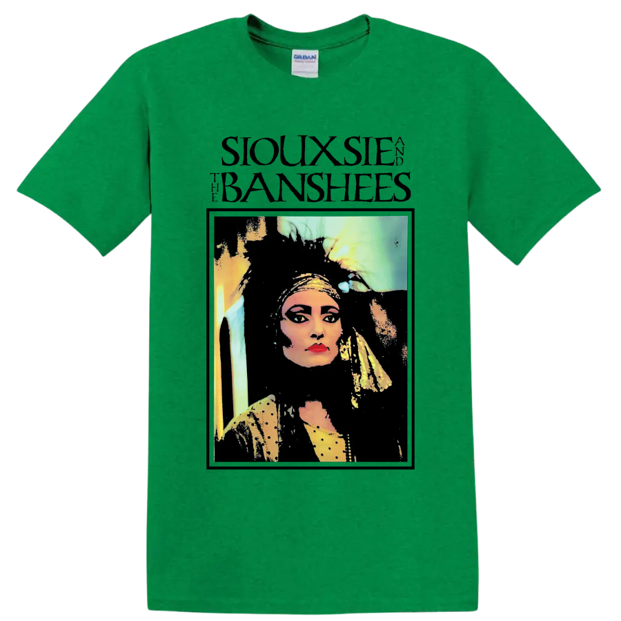 Siouxsie and the Banshees punk rock portrait graphic on a Antic Irish Green T Shirt