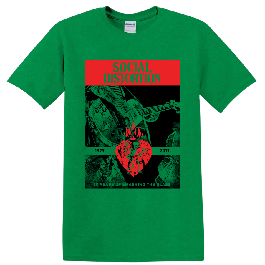 Social Distortion cracked heart flame punk rock graphic on a Antic Irish Green T Shirt