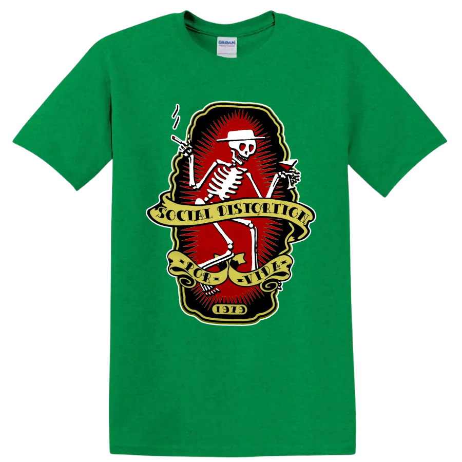Social Distortion skeleton punk rock band logo with vintage banners on a Antic Irish Green T Shirt