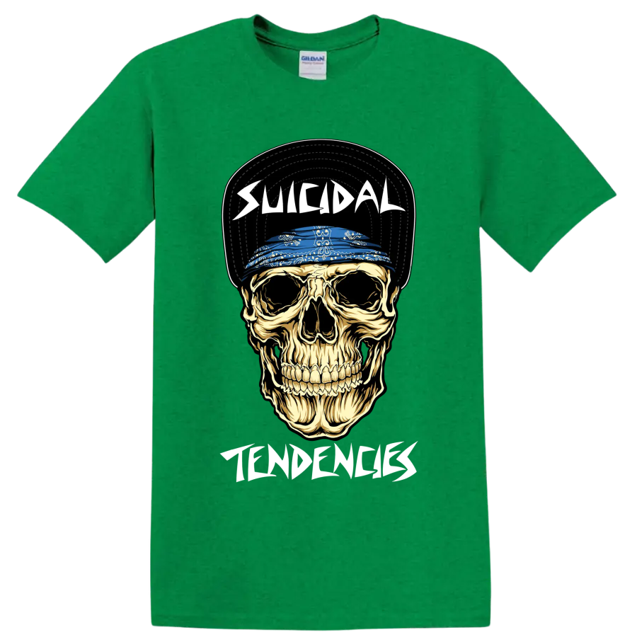Suicidal Tendencies skull graphic with blue bandana and bold lettering on a Antic Irish Green T Shirt