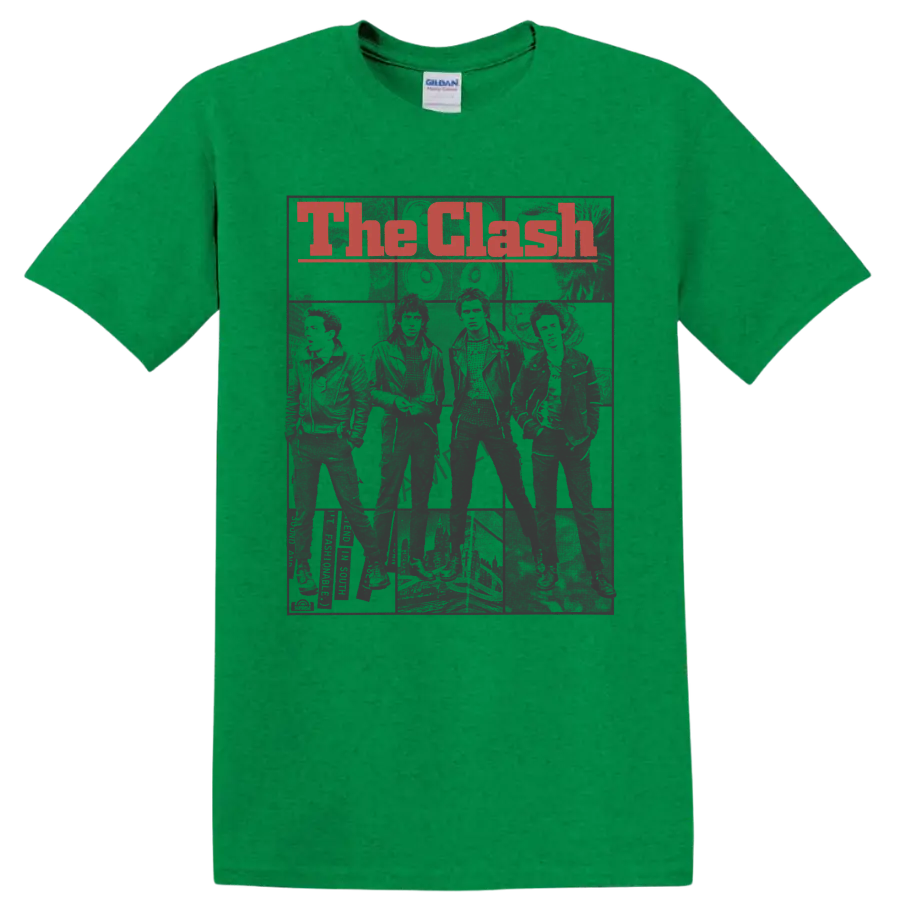 The Clash distressed red lettering over a gritty monochrome band collage on a Antic Irish Green T Shirt