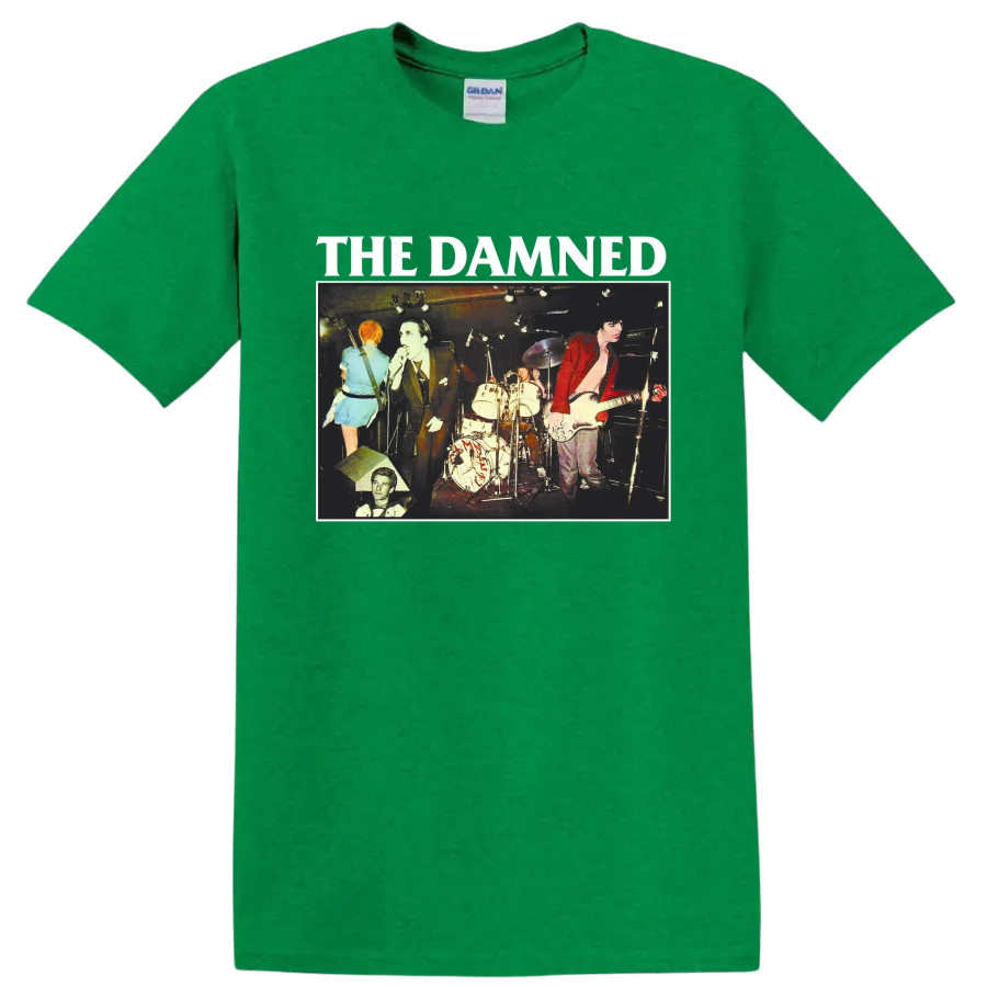 The Damned vintage punk rock live concert graphic with band lettering on a Antic Irish Green T Shirt