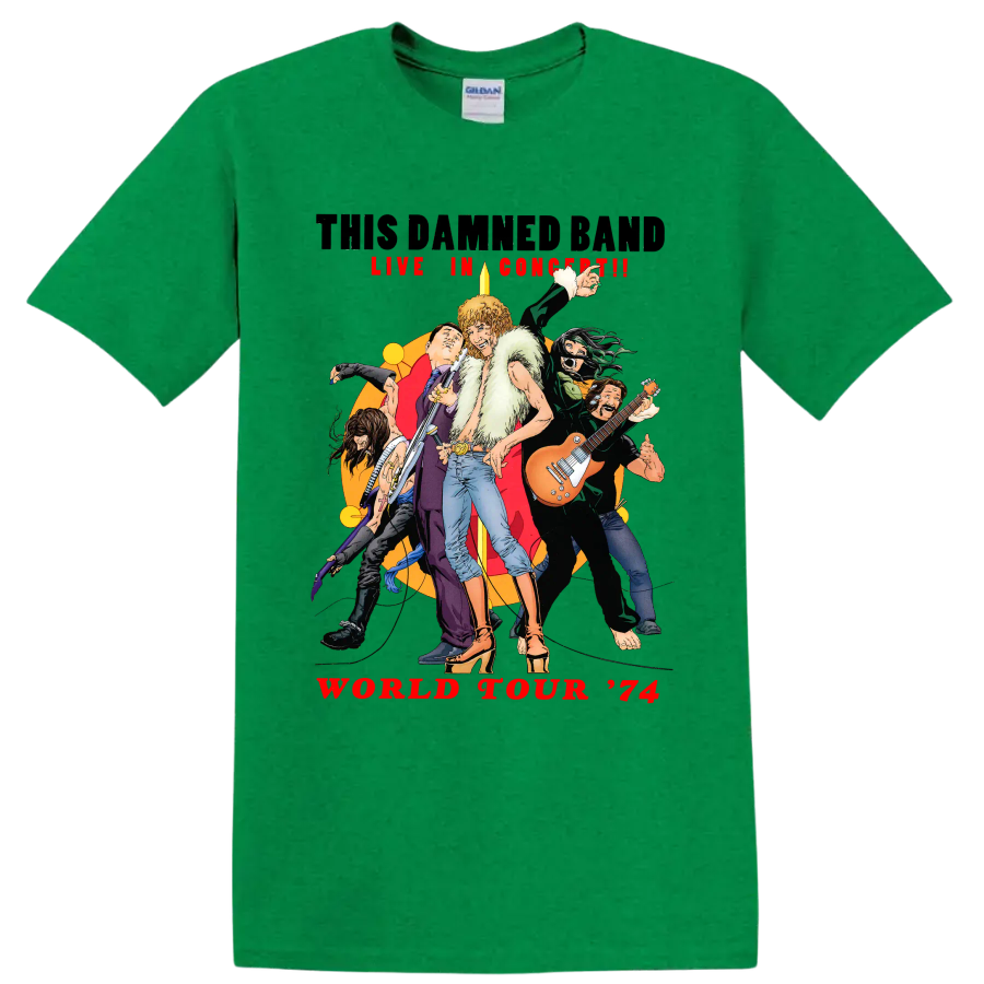 The Damned World Tour 74 vintage punk rock musicians graphic on a Antic Irish Green T Shirt