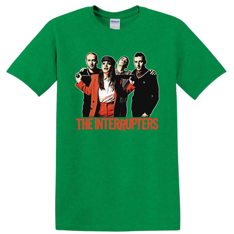 The Interrupters punk rock band portrait with red band name graphic on a Antic Irish Green T Shirt