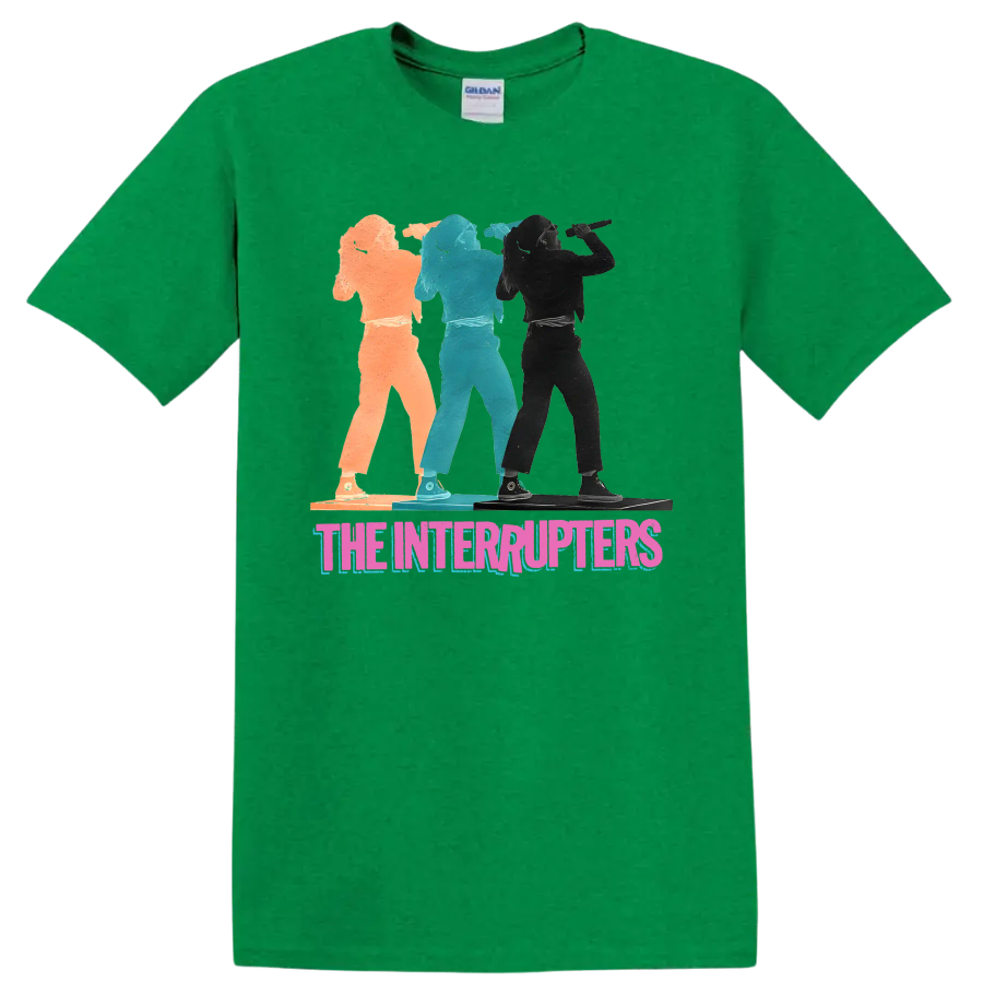 The Interrupters punk rock band graphic with three distressed performer silhouettes on a Antic Irish Green T Shirt