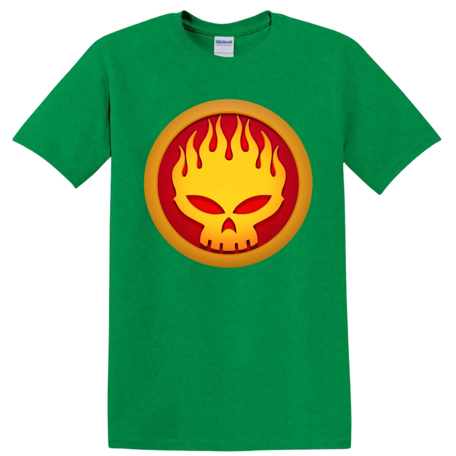 The Offspring flaming face punk rock logo graphic on a Antic Irish Green T Shirt