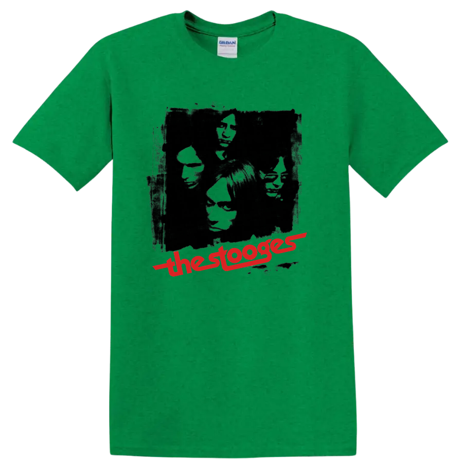 The Stooges vintage punk rock portrait collage with red band lettering on a Antic Irish Green T Shirt