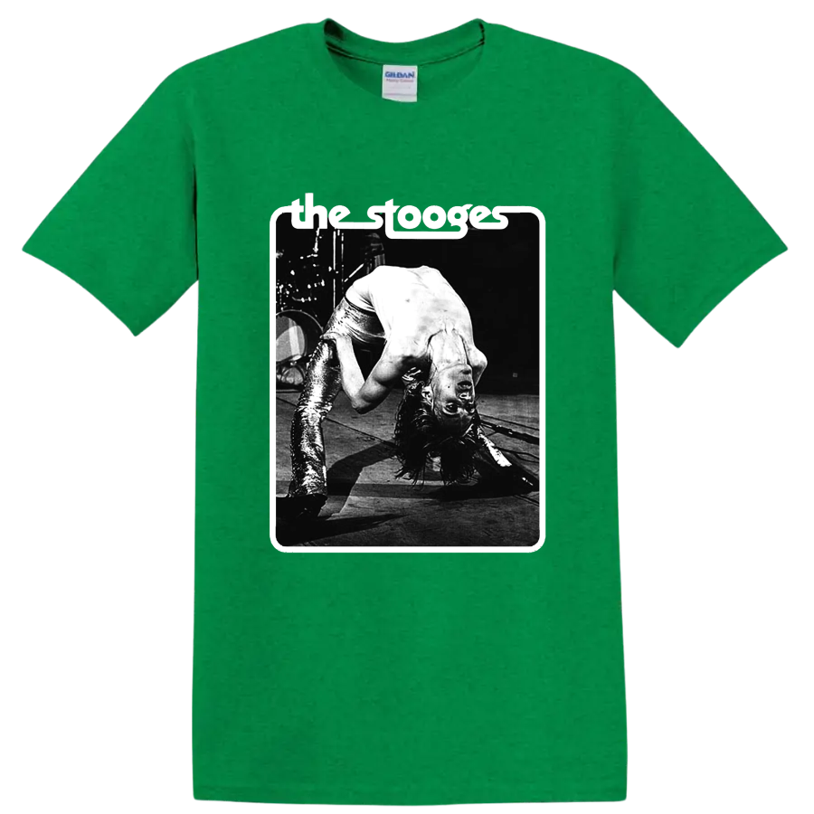 The Stooges black-and-white punk rock live performance graphic on a Antic Irish Green T Shirt