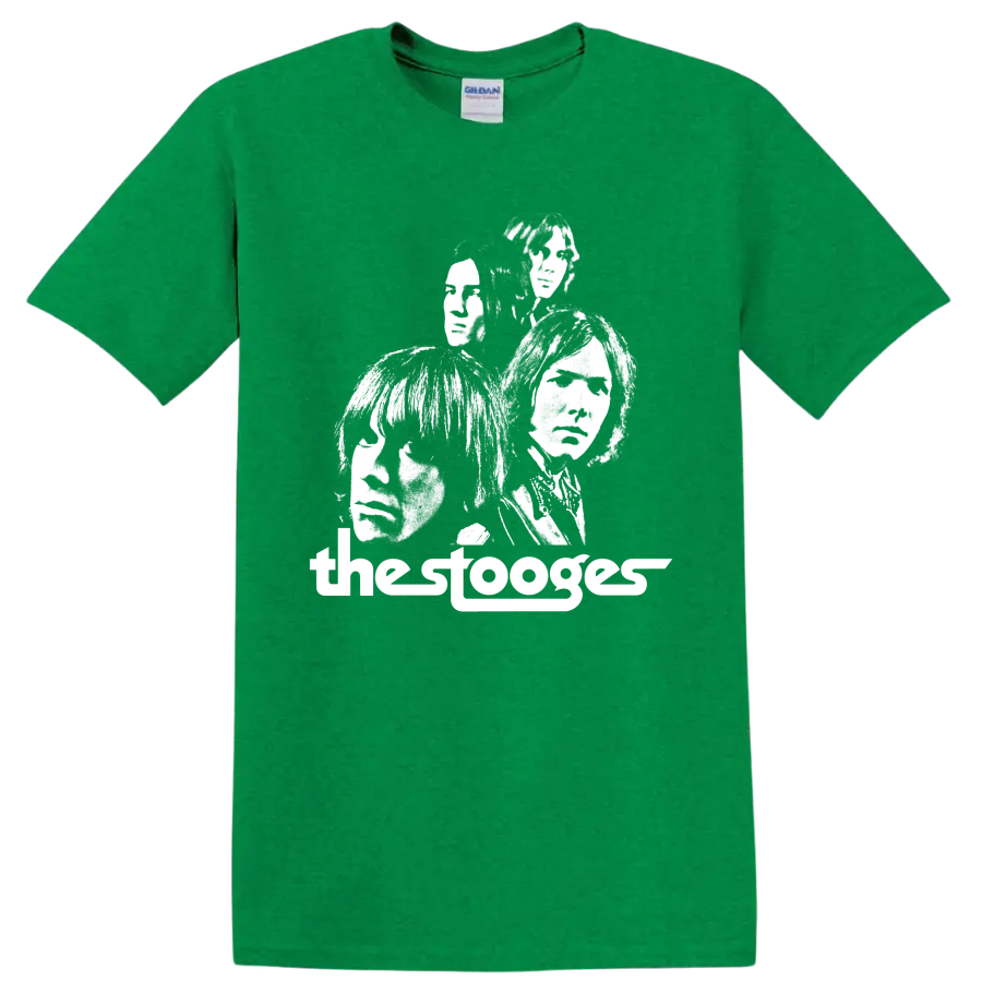 The Stooges high-contrast punk rock band portrait graphic on a Antic Irish Green T Shirt