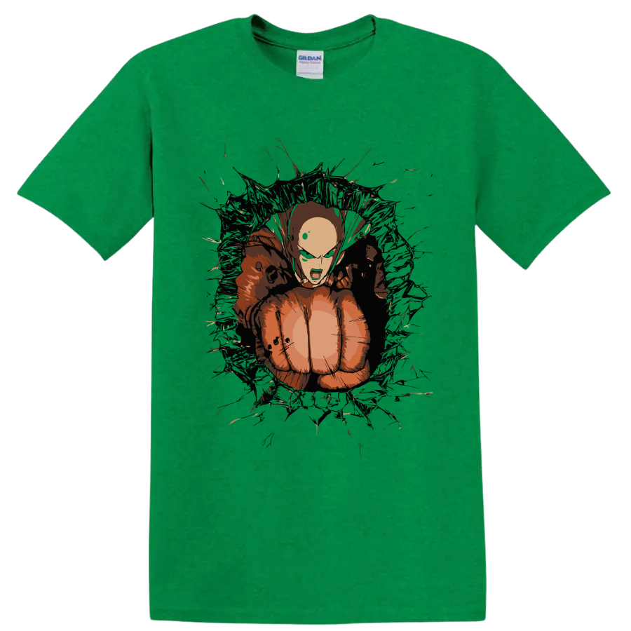 Saitama in a distressed anime action graphic from One-Punch Man on a Antic Irish Green T Shirt