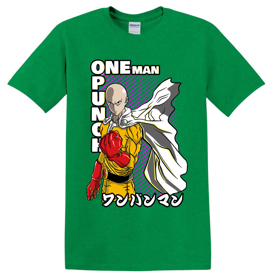 Saitama One-Punch Man action graphic with red glove, flowing cape, and magenta stripes on a Antic Irish Green T Shirt