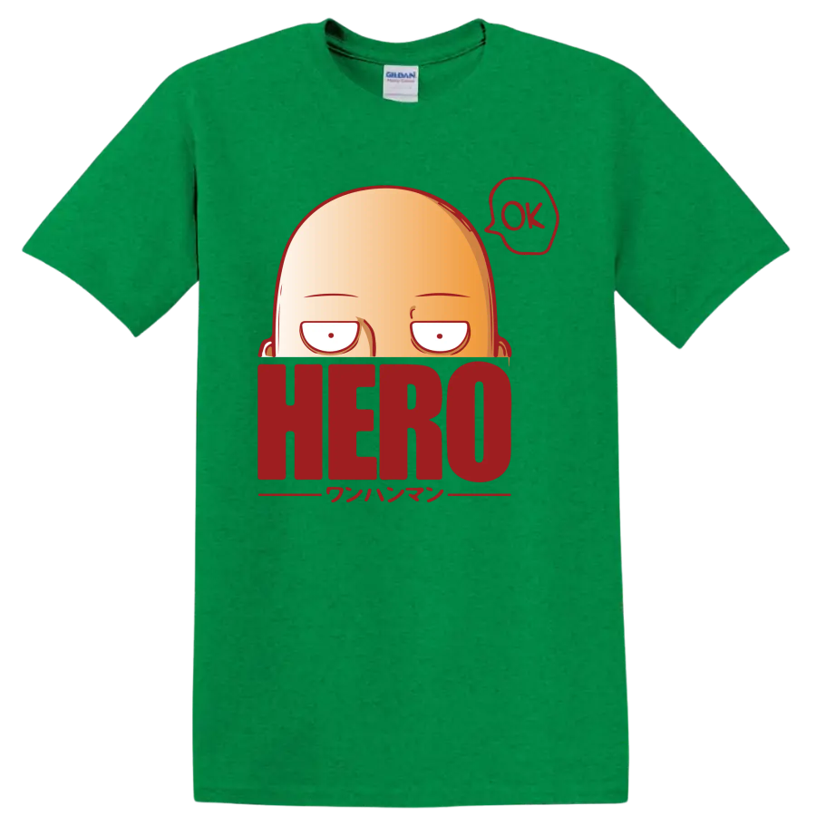 Saitama peeking over HERO lettering in a bold One-Punch Man cartoon graphic on a Antic Irish Green T Shirt