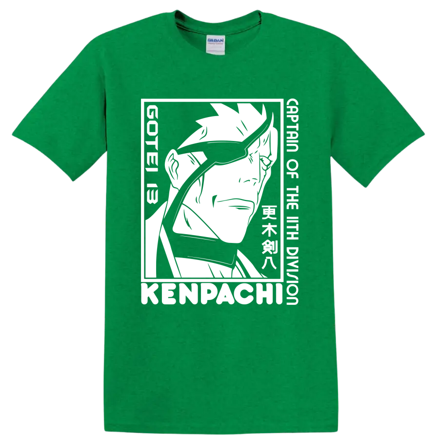 Kenpachi Zaraki black-and-white manga-style swordsman portrait graphic on a Antic Irish Green T Shirt
