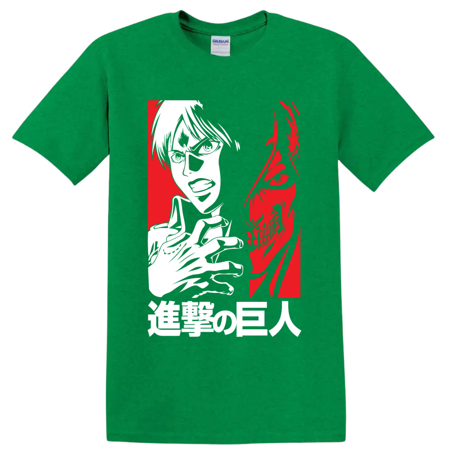 Eren Yeager and Attack Titan split-profile anime graphic on a Antic Irish Green T Shirt