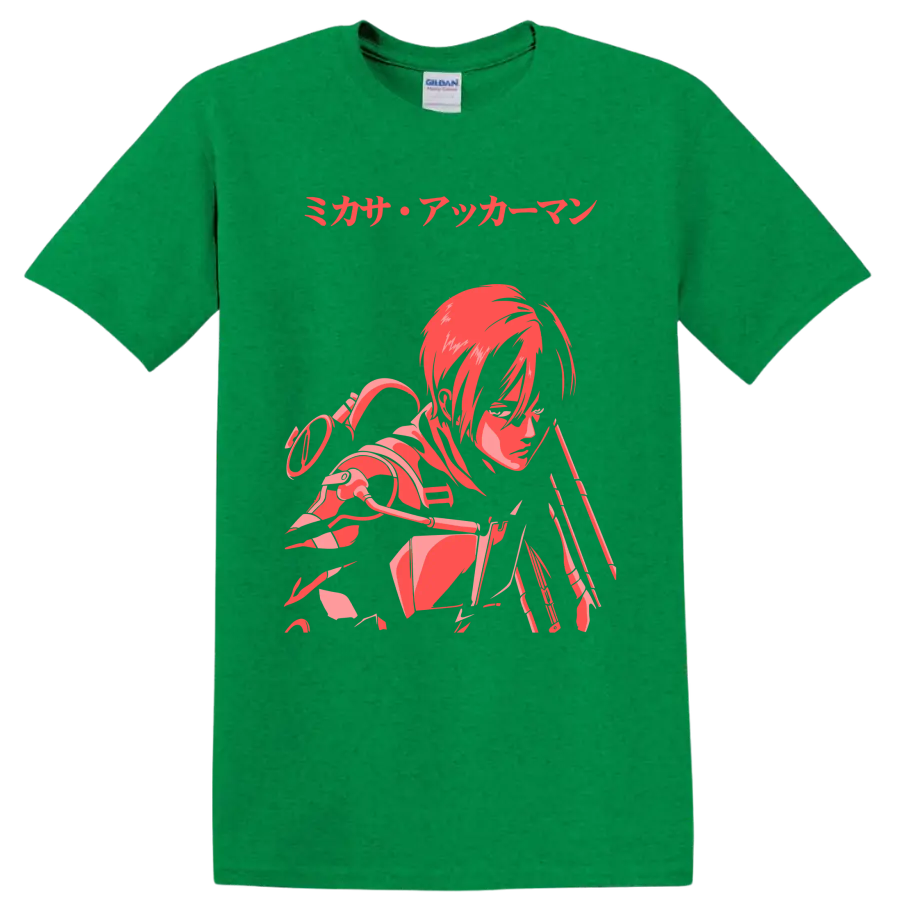 Mikasa Ackerman Attack on Titan red and pink anime action graphic with Japanese text on a Antic Irish Green T Shirt