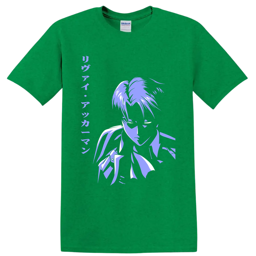 Levi Ackerman lavender and white manga-style portrait graphic from Attack on Titan on a Antic Irish Green T Shirt