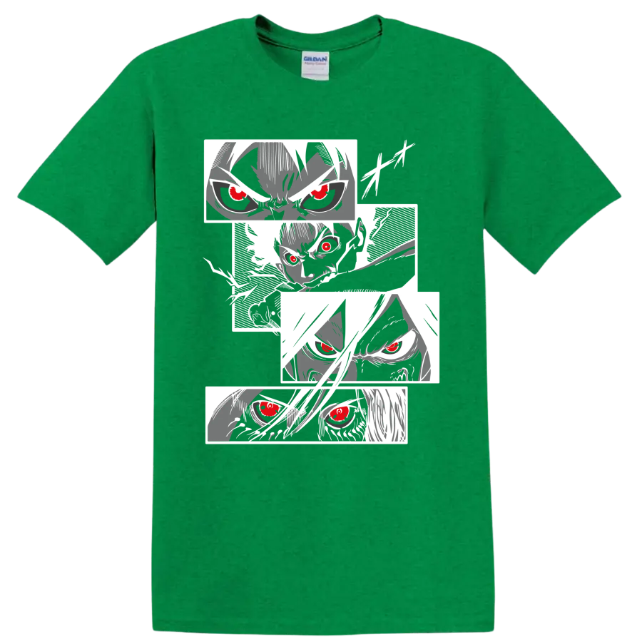 Eren Yeager Attack on Titan manga portrait collage with intense red-eyed faces on a Antic Irish Green T Shirt
