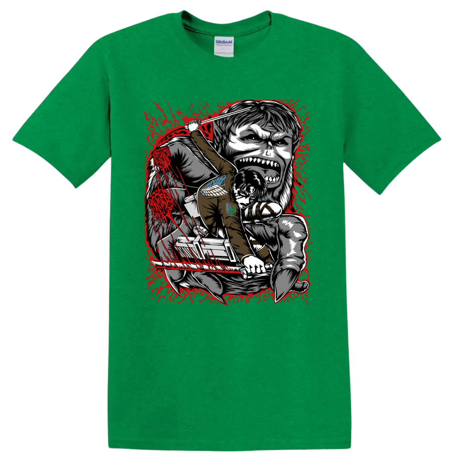 Levi Ackerman battling the Beast Titan in red splatter Attack on Titan manga art on a Antic Irish Green T Shirt