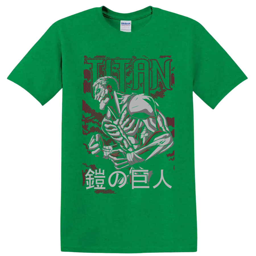 Armored Titan crouching in distressed manga art with TITAN and Japanese characters on a Antic Irish Green T Shirt