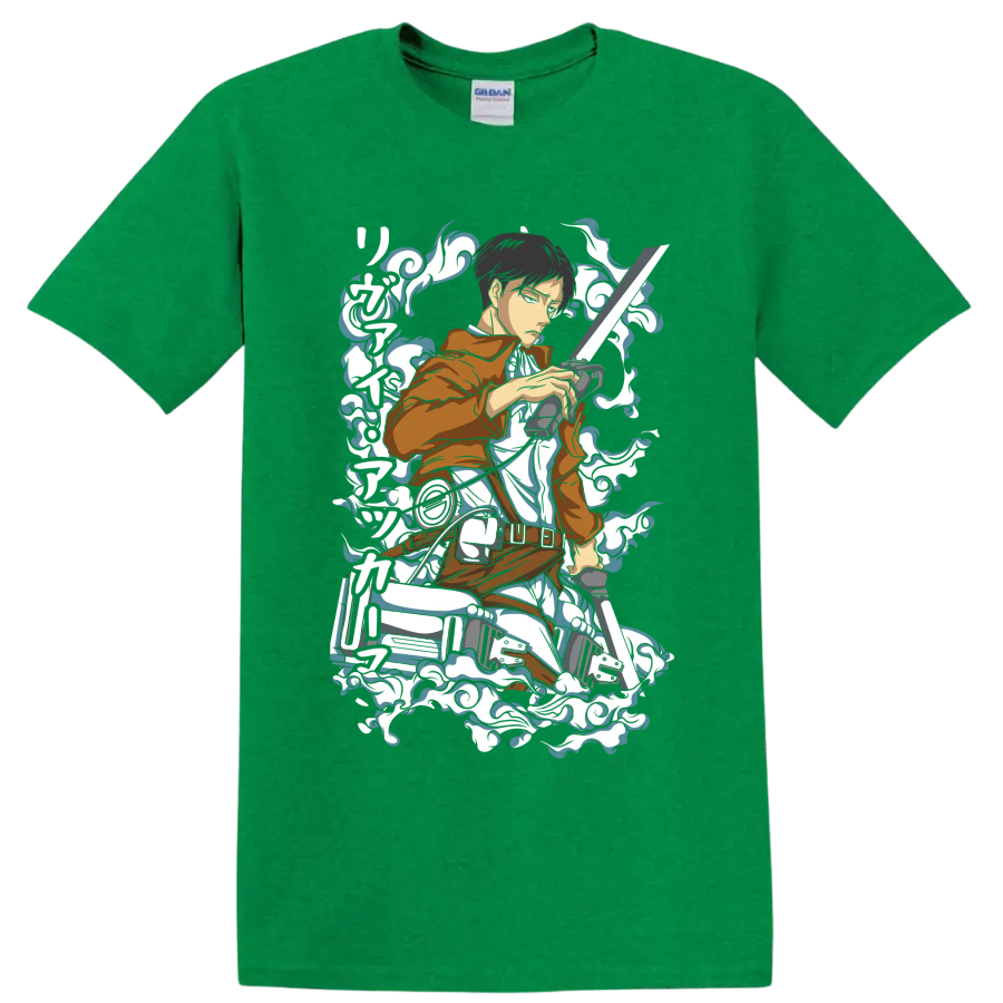 Levi Ackerman Scout Regiment action graphic with blades and swirling smoke accents on a Antic Irish Green T Shirt