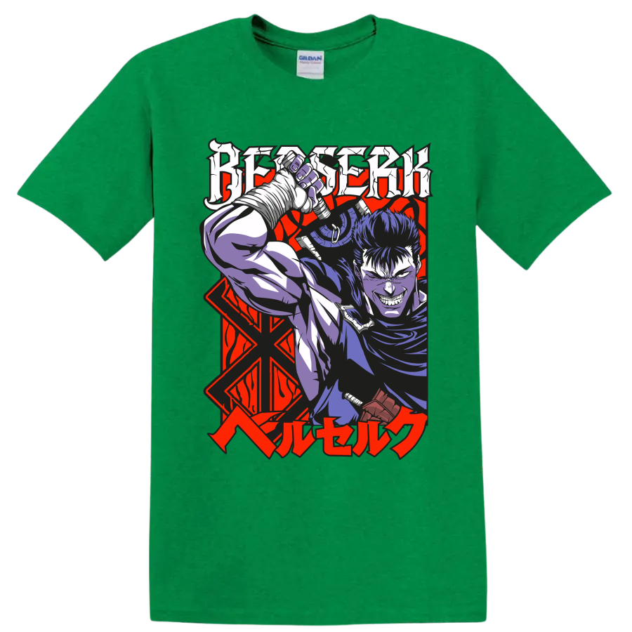 Guts from Berserk wielding a massive sword in bold gothic anime art on a Antic Irish Green T Shirt