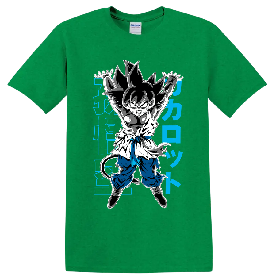 Kid Goku in a Genki Dama-inspired manga action pose with blue Japanese-style characters on a Antic Irish Green T Shirt