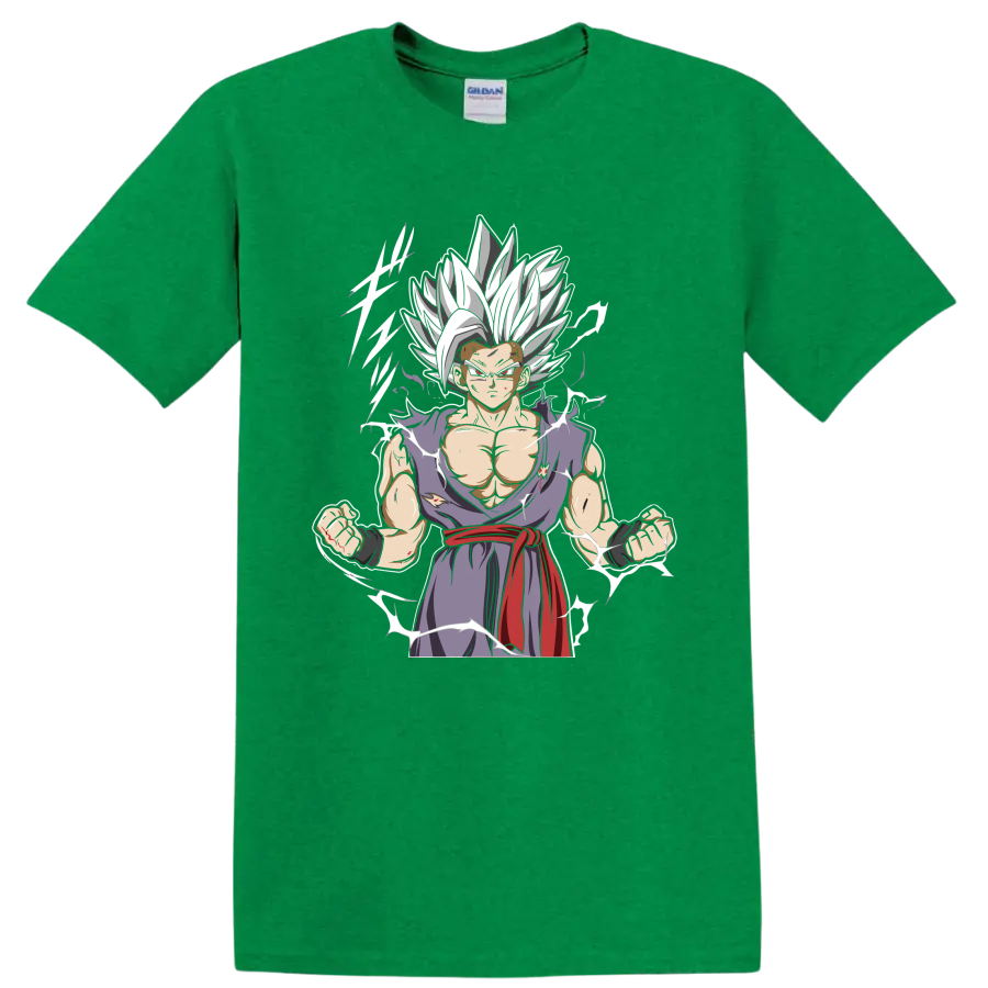 Gohan Beast anime graphic with white hair, torn purple gi, red sash, and energy accents on a Antic Irish Green T Shirt