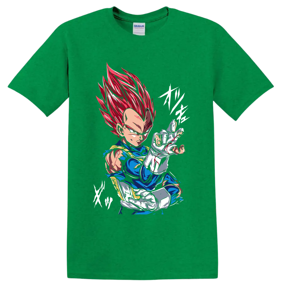 Vegeta Super Saiyan God in a fierce red-haired anime battle pose on a Antic Irish Green T Shirt