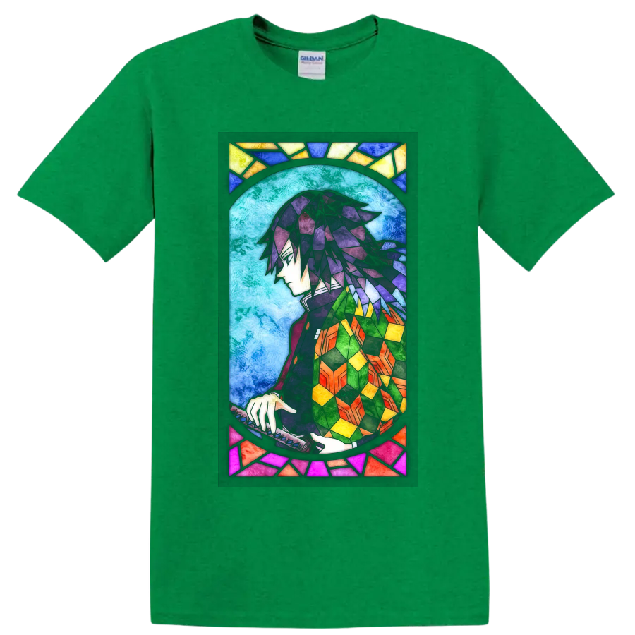 Giyu Tomioka stained-glass-style anime portrait with sword and colorful haori on a Antic Irish Green T Shirt