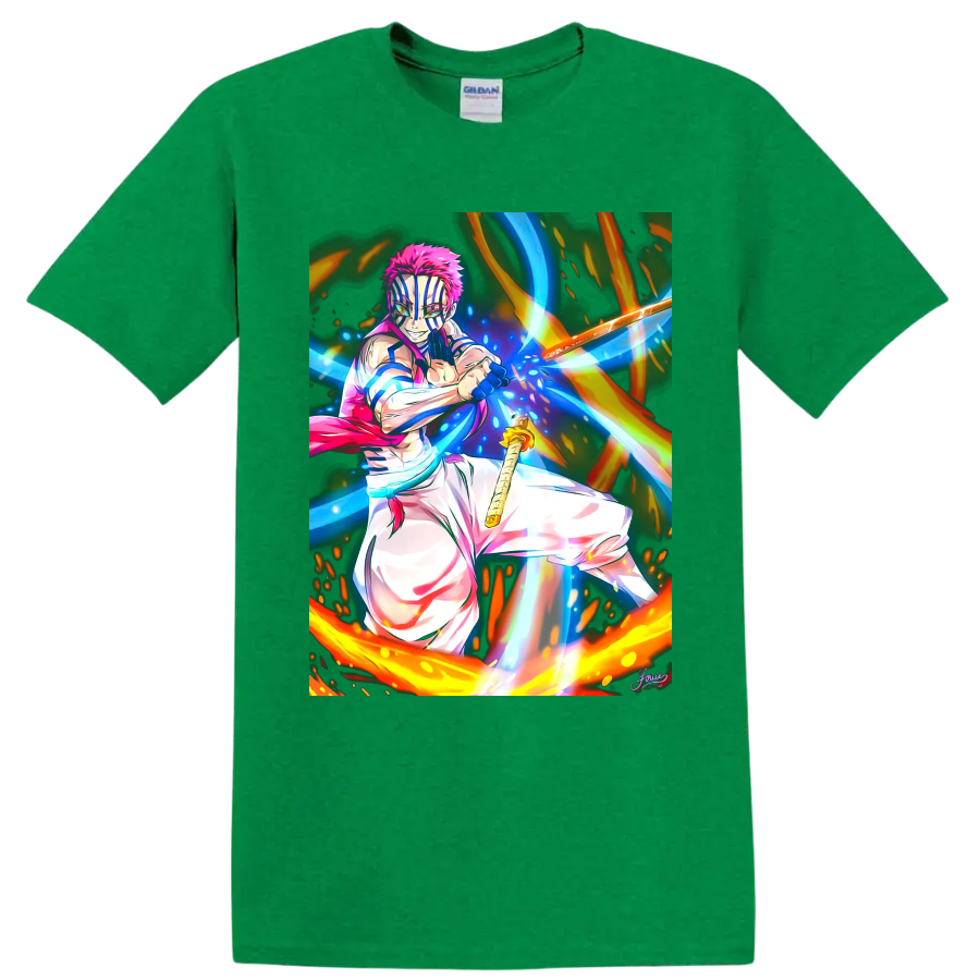 Akaza anime battle art with blue energy streaks, fiery arcs, and a sword on a Antic Irish Green T Shirt