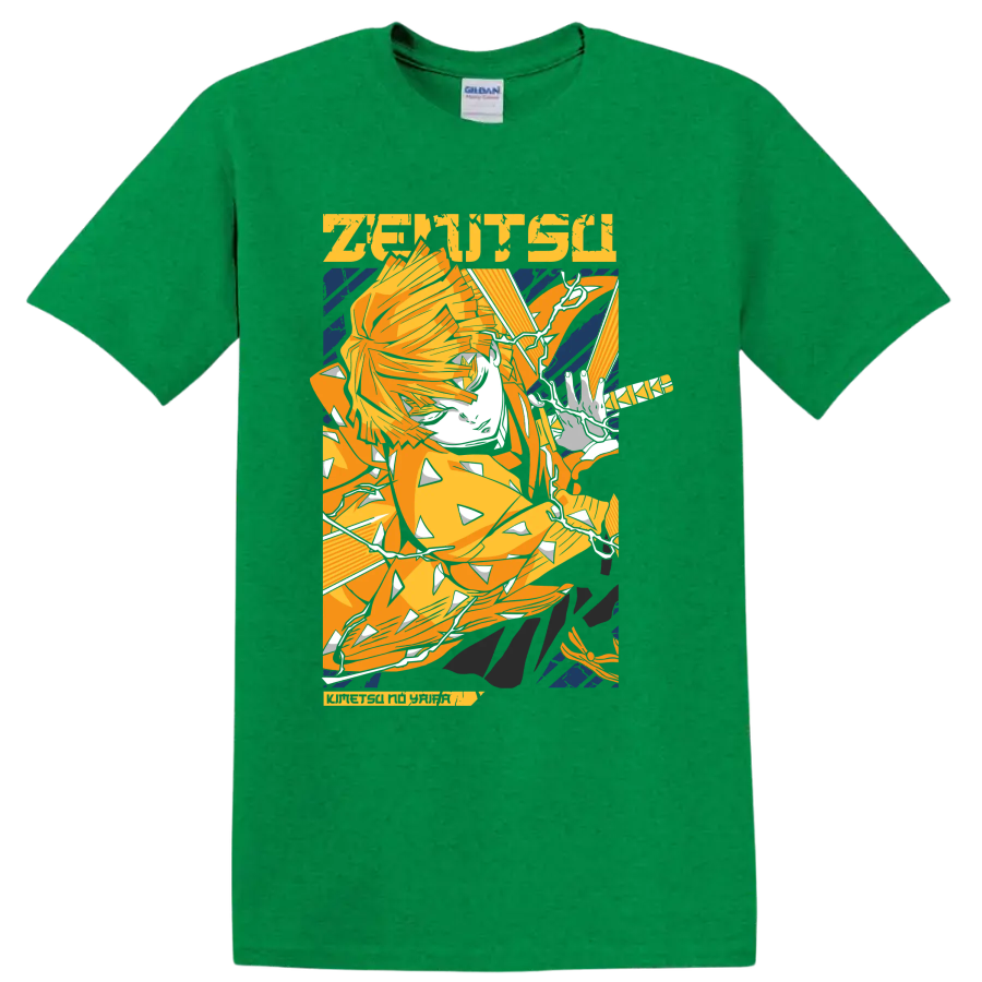 Zenitsu Agatsuma lightning-inspired anime action graphic on a Antic Irish Green T Shirt