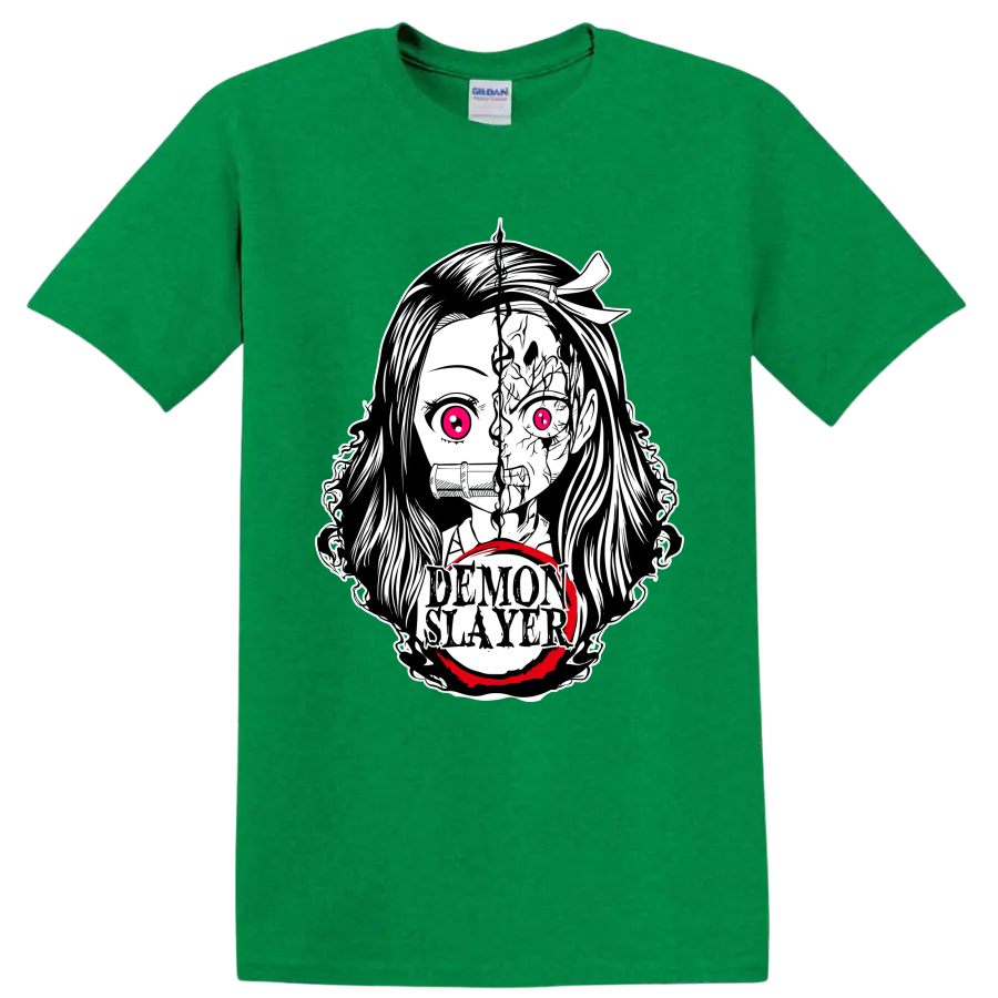 Nezuko Kamado split demon-form manga portrait with bamboo muzzle and Demon Slayer text on a Antic Irish Green T Shirt