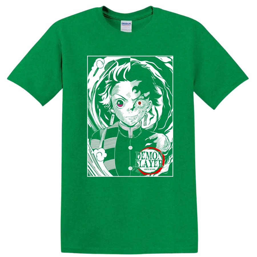 Rui from Demon Slayer in a high-contrast monochrome portrait with red accents on a Antic Irish Green T Shirt