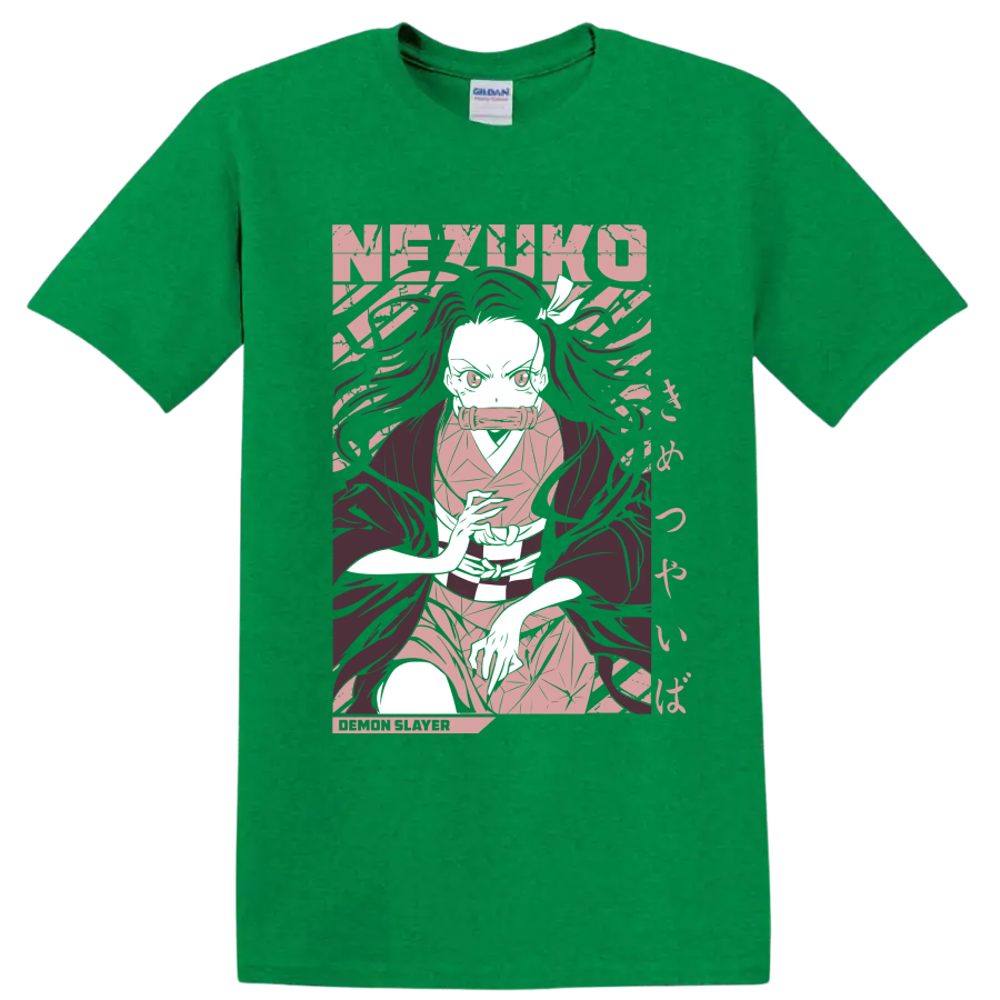 Nezuko Kamado manga-style portrait with flowing hair and bamboo muzzle on a Antic Irish Green T Shirt