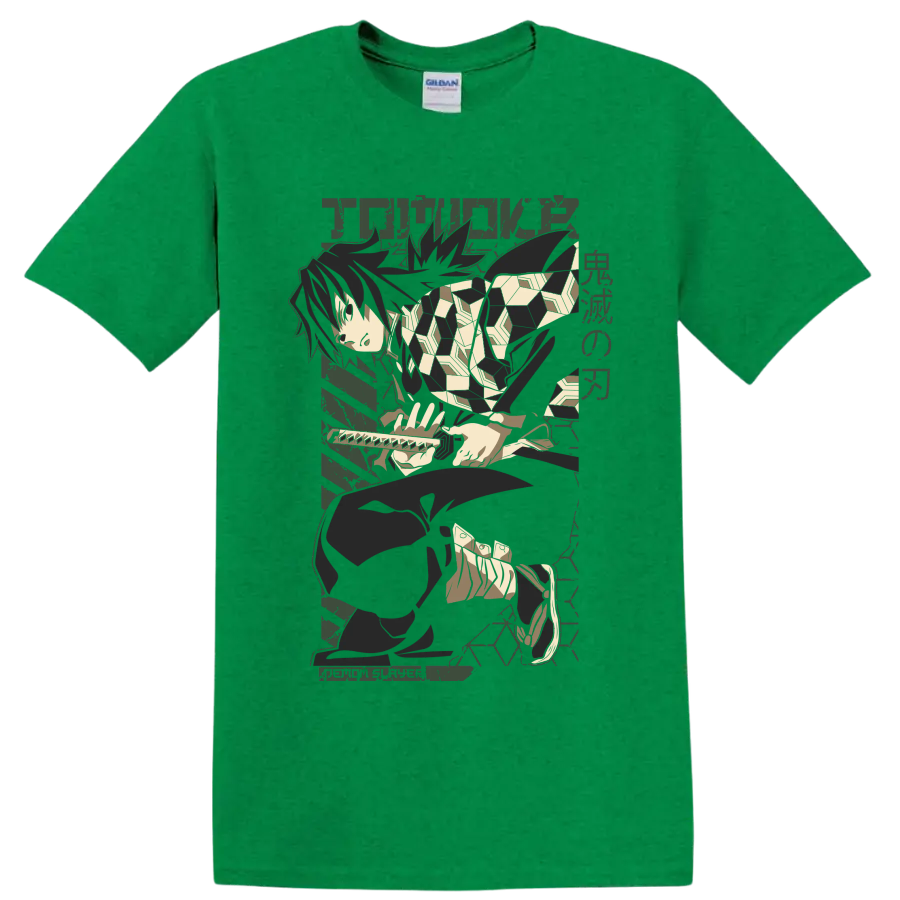 Giyu Tomioka seated with sword in a muted geometric anime graphic on a Antic Irish Green T Shirt
