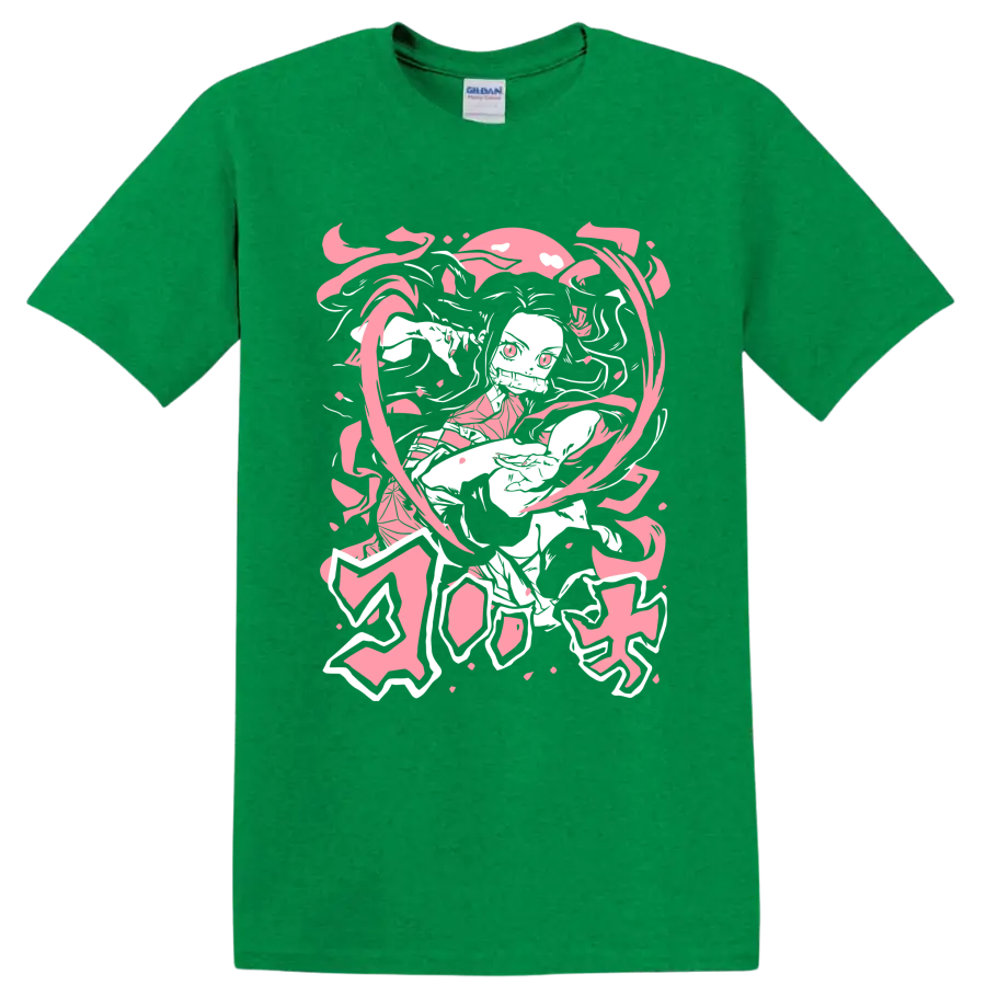 Nezuko Kamado manga-style portrait with pink petals and flowing ribbon shapes on a Antic Irish Green T Shirt