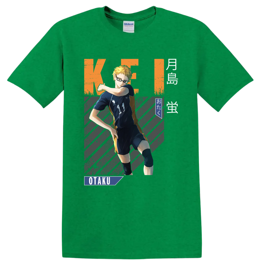 Kei Tsukishima volleyball anime graphic with Karasuno number 11 and OTaku text on a Antic Irish Green T Shirt