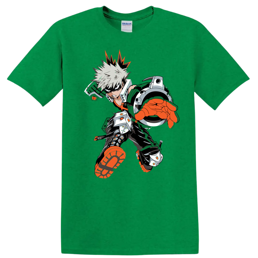 Katsuki Bakugo as Dynamight in a bold forward-charging anime action graphic on a Antic Irish Green T Shirt