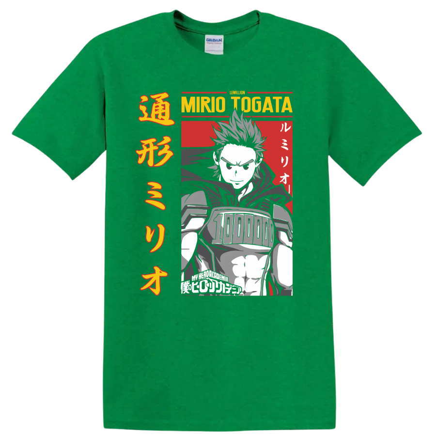 Mirio Togata Lemillion manga-style hero portrait with bold Japanese-inspired typography on a Antic Irish Green T Shirt