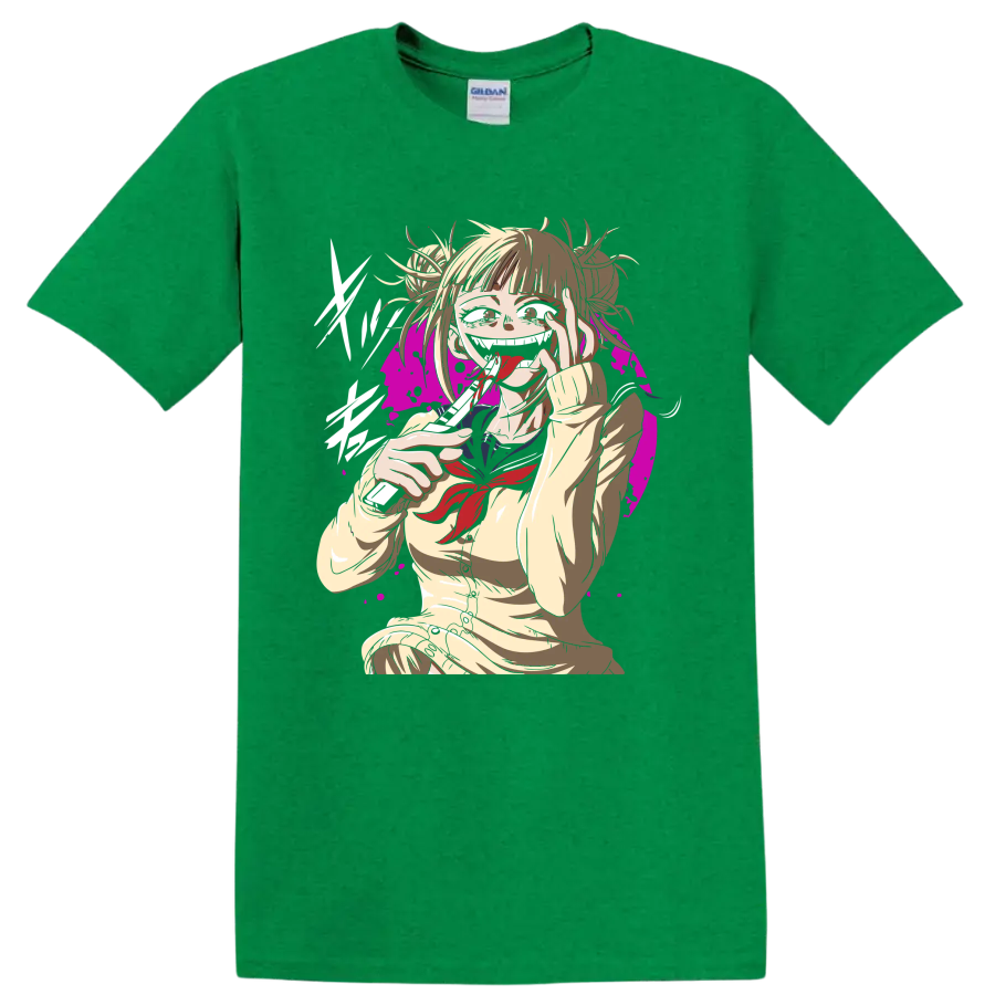 Himiko Toga anime illustration with blood accents and magenta splatter backdrop on a Antic Irish Green T Shirt