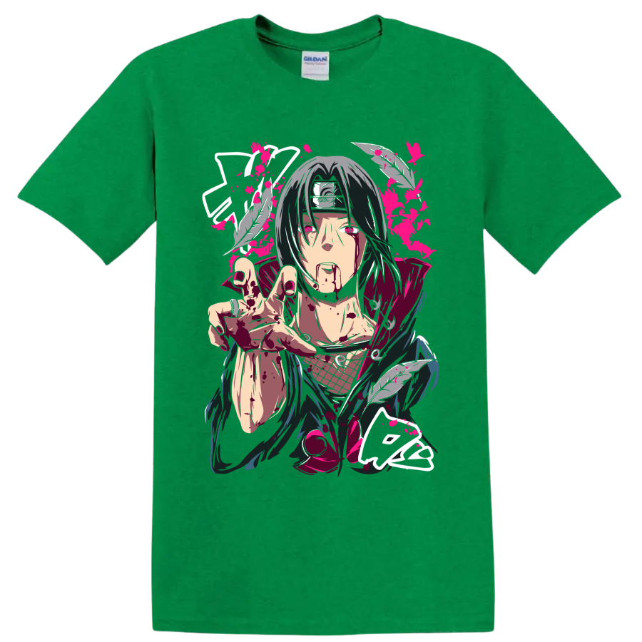 Itachi Uchiha dark manga portrait with feathers, crimson splatter, and pink accents on a Antic Irish Green T Shirt