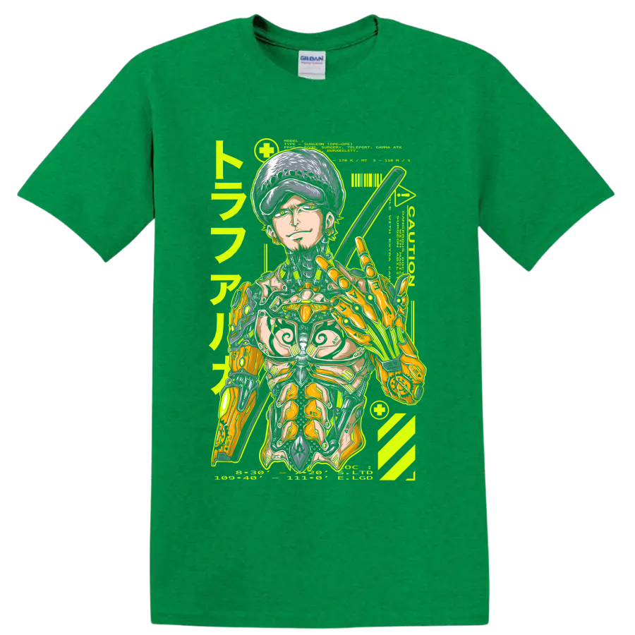 Trafalgar Law cyborg mecha manga graphic with sword and mechanical armor on a Antic Irish Green T Shirt