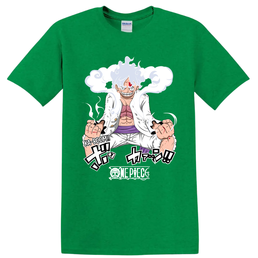 Monkey D. Luffy Gear 5 manga action art with swirling cloud effects on a Antic Irish Green T Shirt