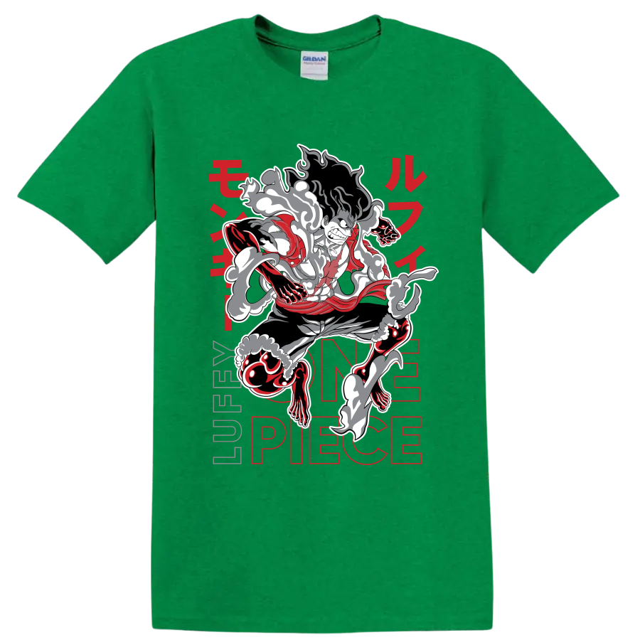 Monkey D. Luffy Gear 4 Snakeman manga-style action graphic with smoke effects on a Antic Irish Green T Shirt